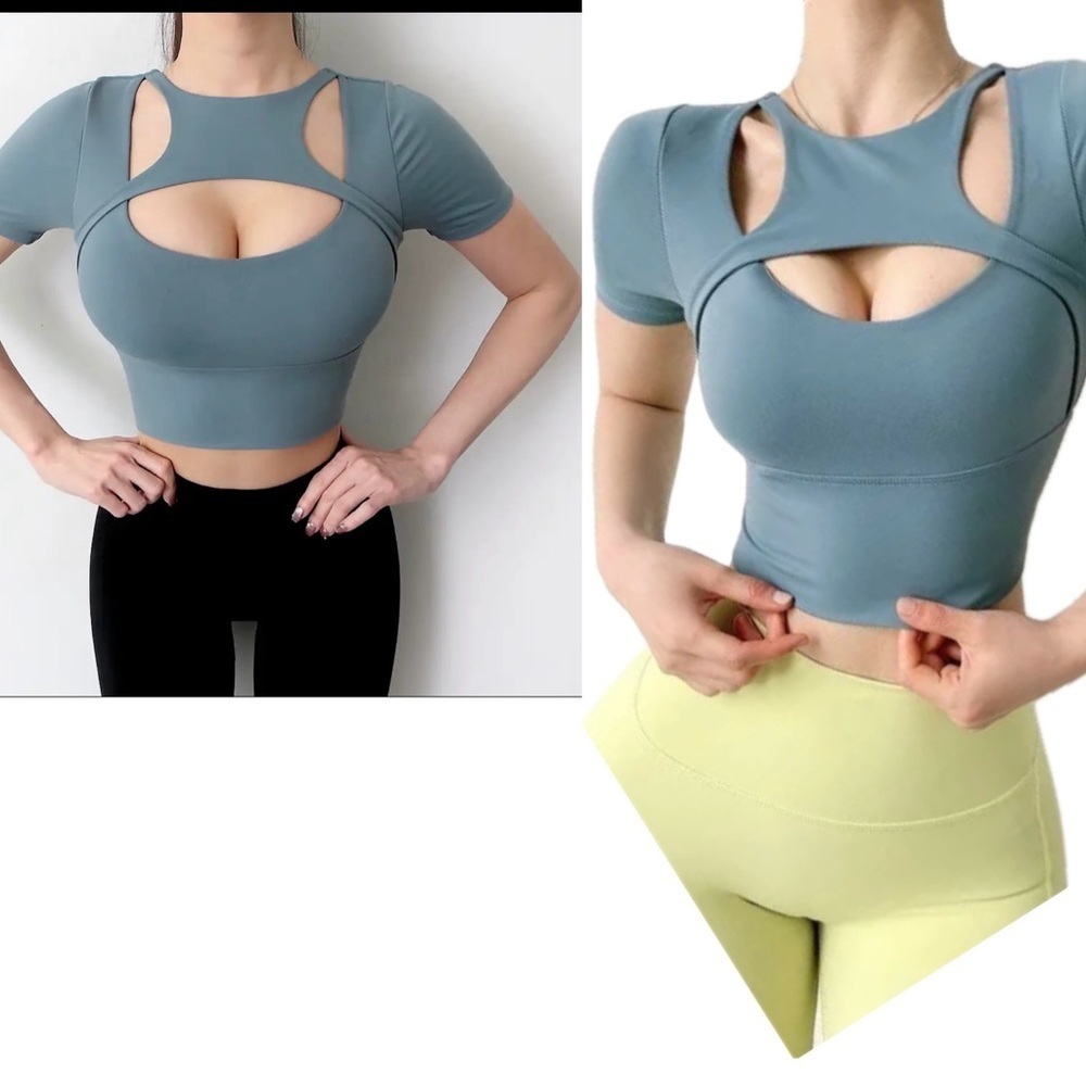 Dusty blue slate blue short sleeve caged crisscross open back crop top gym yoga